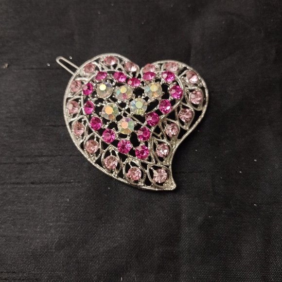 New SET OF 2 -  Pink Crystal Heart Shaped Hair Clip + Diamond Clip - Picture 2 of 5